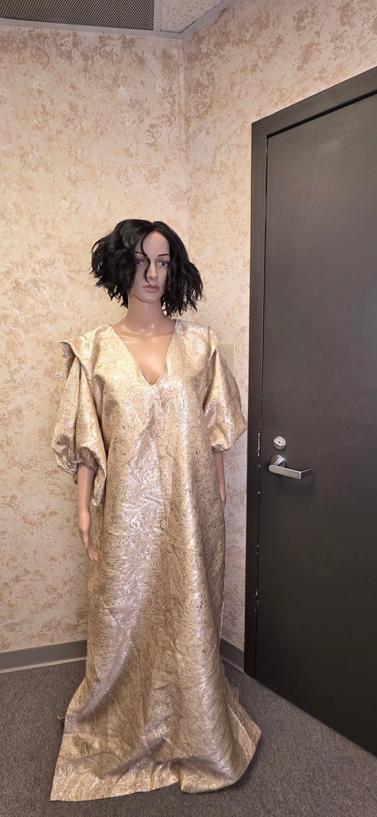 Gold Brocade Maxi Dress with Puff Sleeves