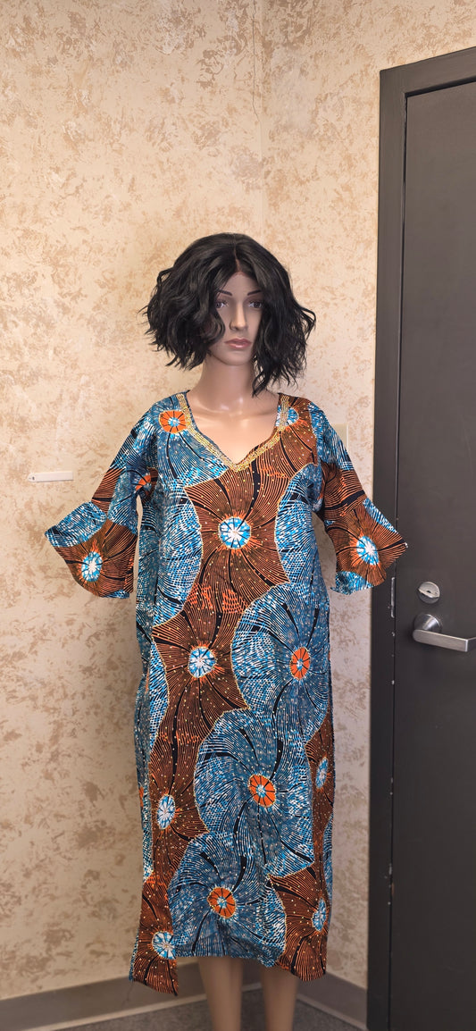 Blue & Brown Ankara Print Midi Dress