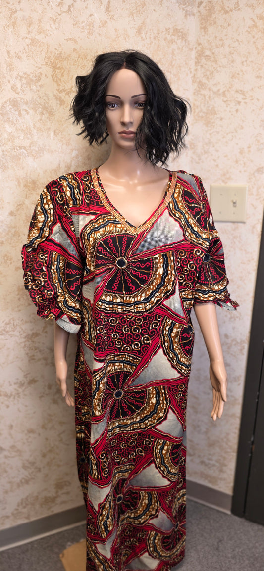 Red & Gold Ankara Maxi Dress with V-Neckline