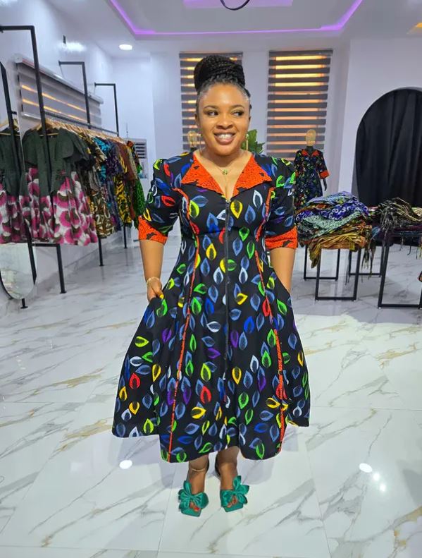 Midnight Splash Button-Front Ankara Dress