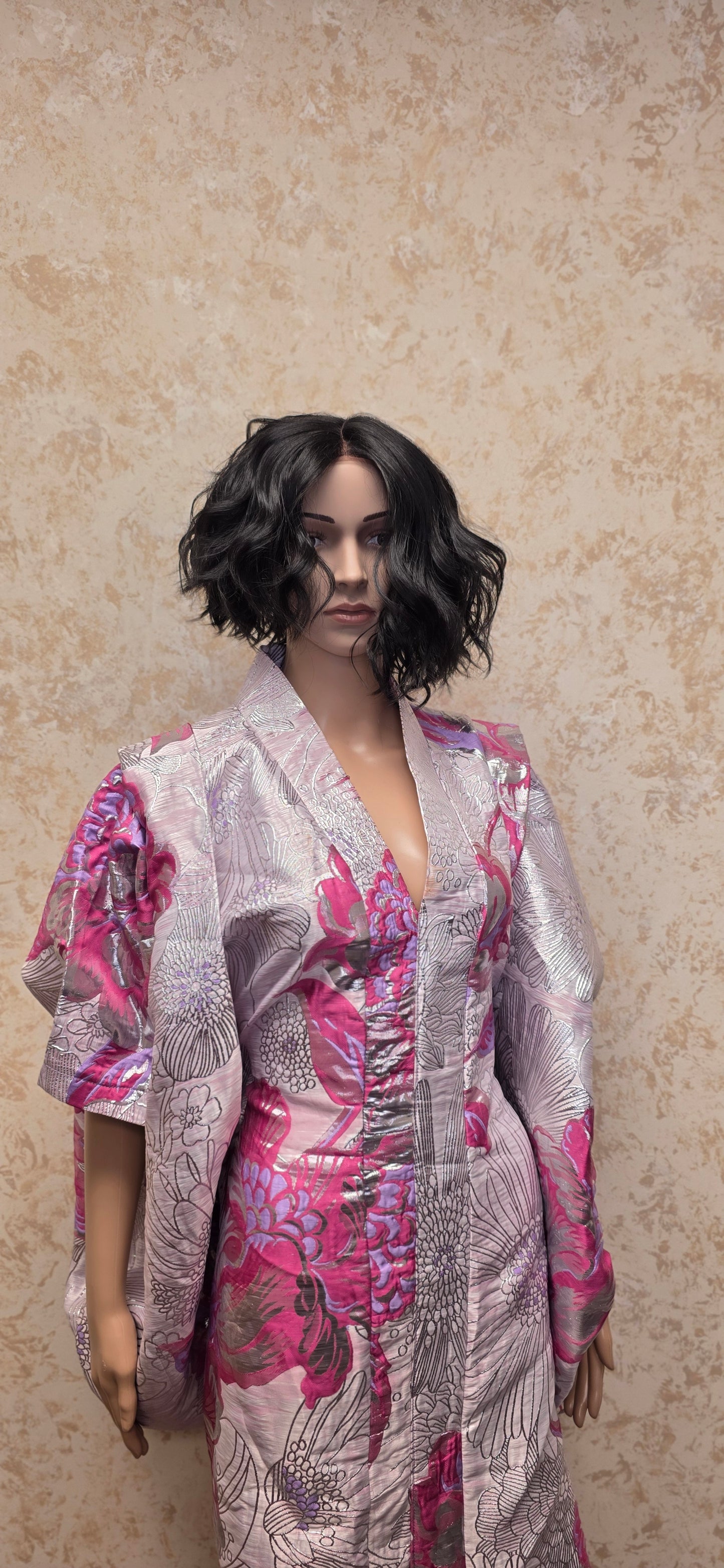 Elegant Floral Brocade Dress – Soft Pink & Silver
