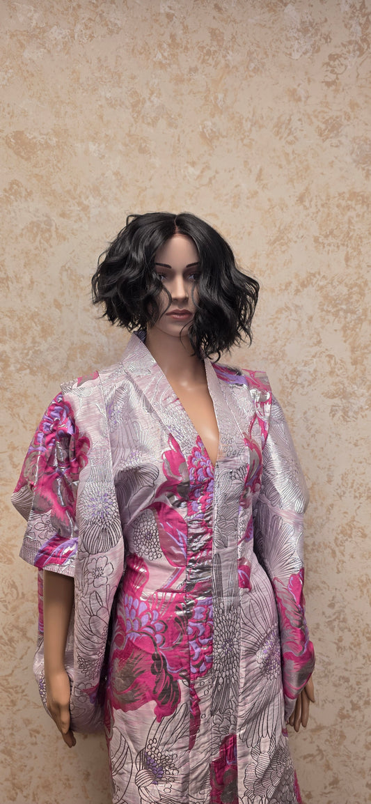 Elegant Floral Brocade Dress – Soft Pink & Silver