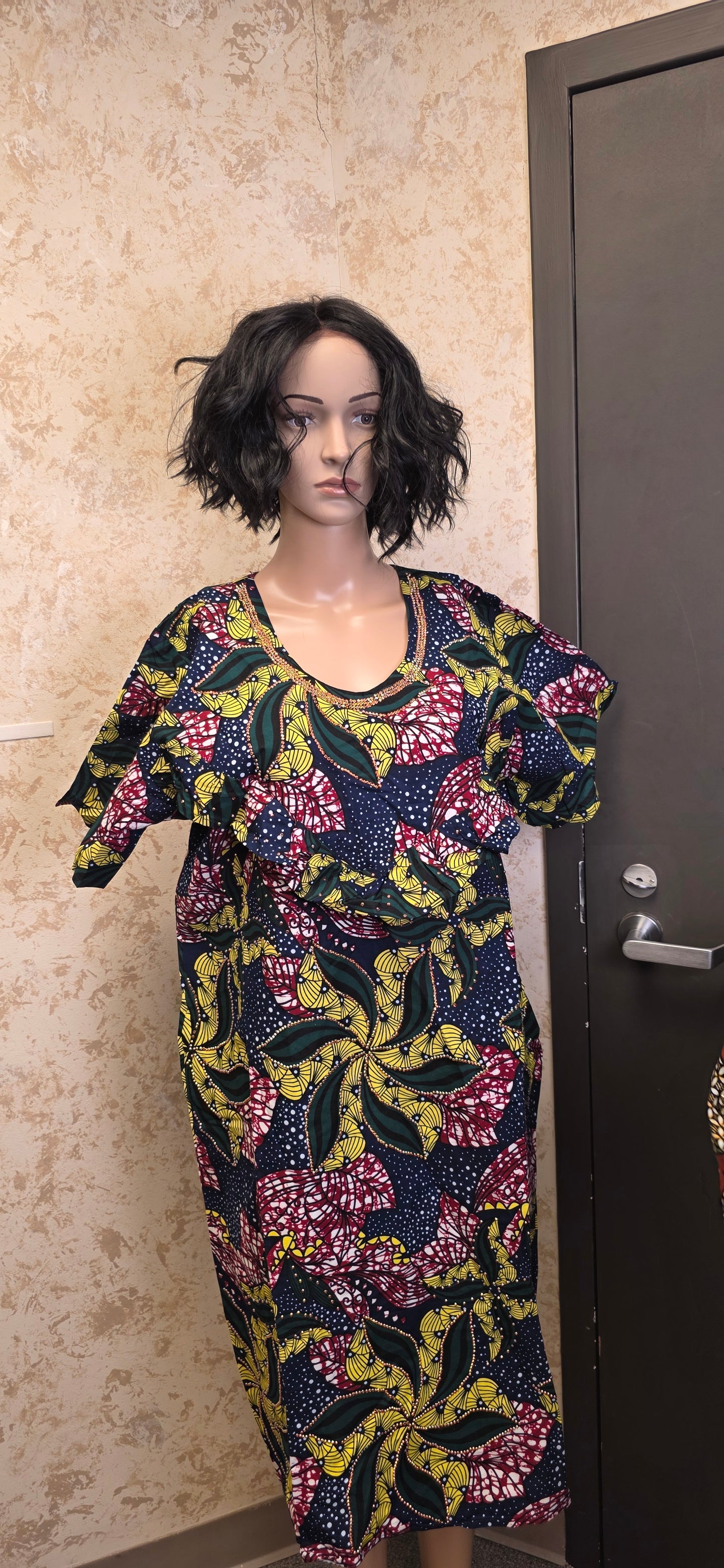 Navy Ankara Midi Dress with Gold-Trim Neckline