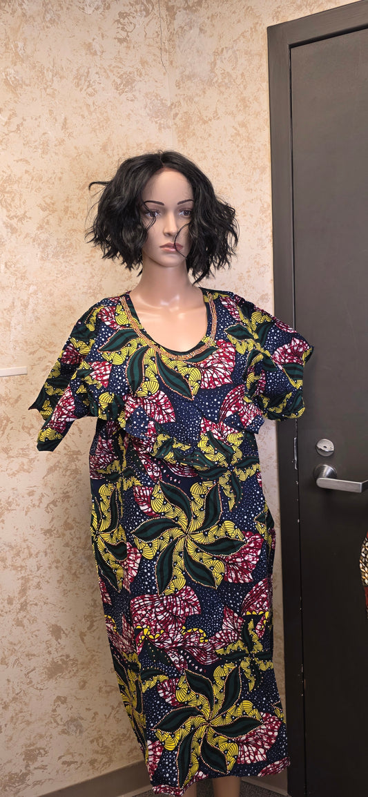 Navy Ankara Midi Dress with Gold-Trim Neckline
