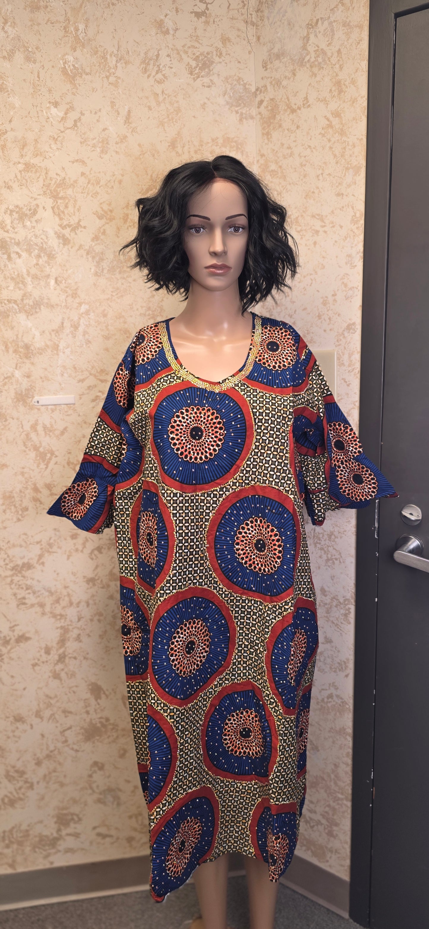 Classic Ankara Midi Dress with Gold-Trim Neckline