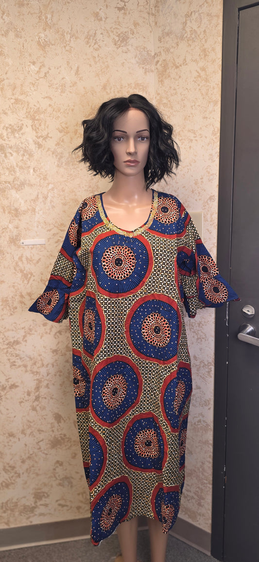 Classic Ankara Midi Dress with Gold-Trim Neckline