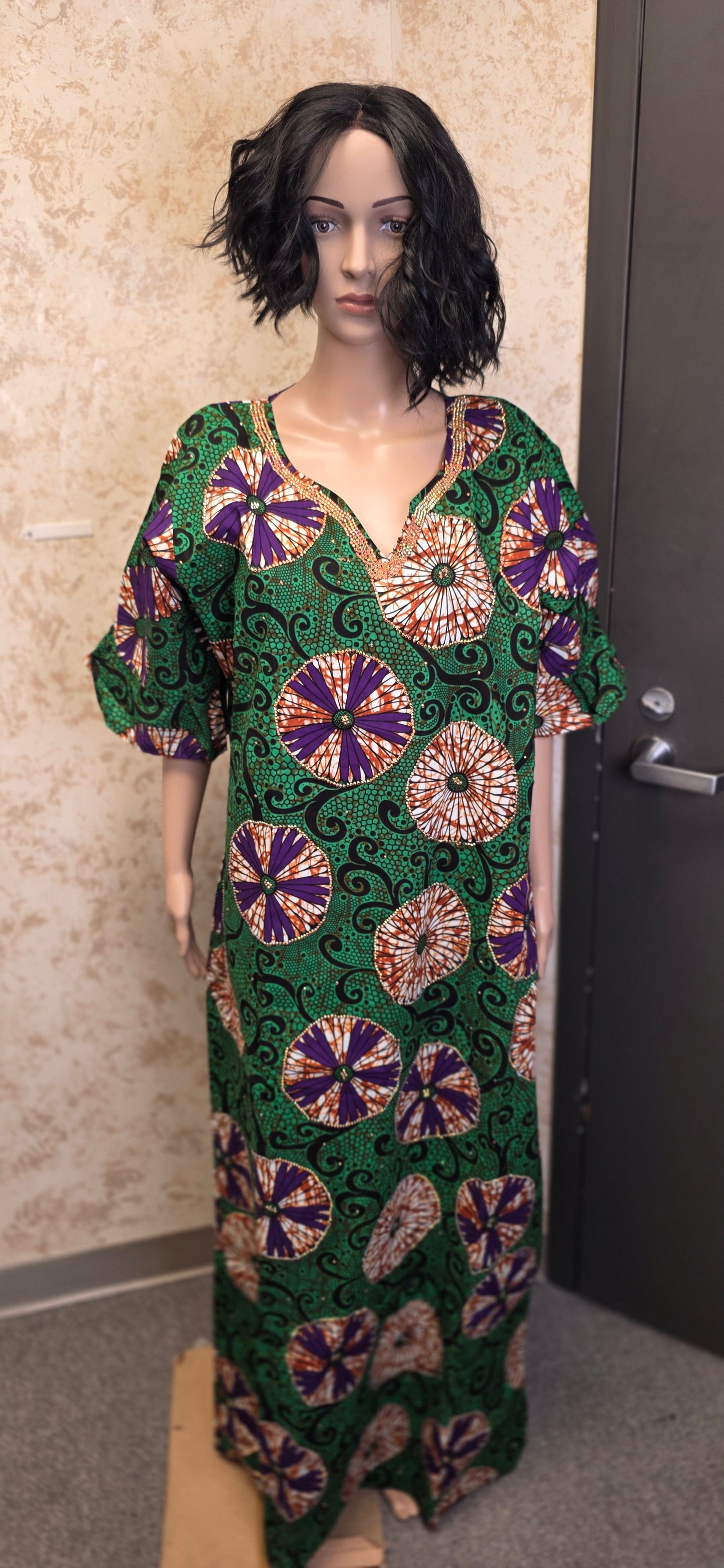 Green Ankara Maxi Dress with Gold-Trim V-Neck