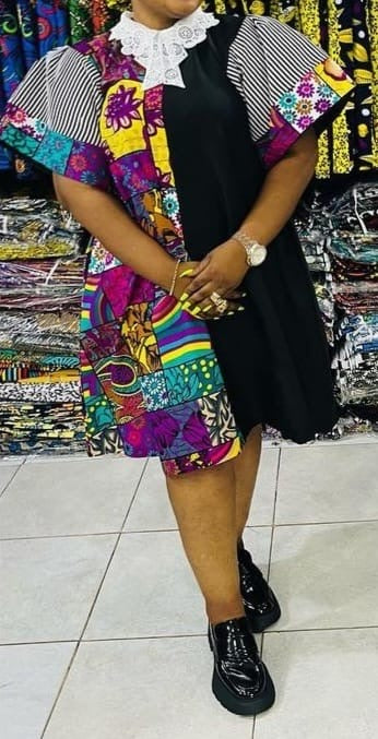 A-Shape Ankara Flare Dress With Lace Neckline