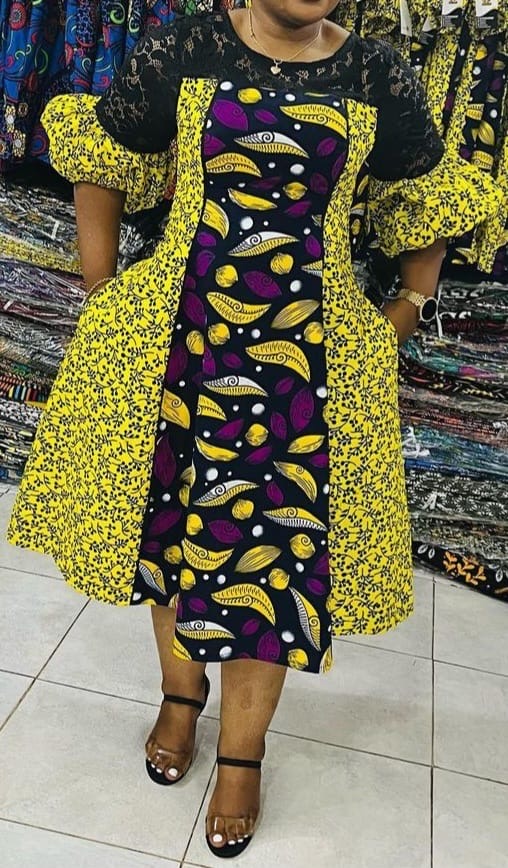 Mix and Match Ankara With Lace Shoulder Dress