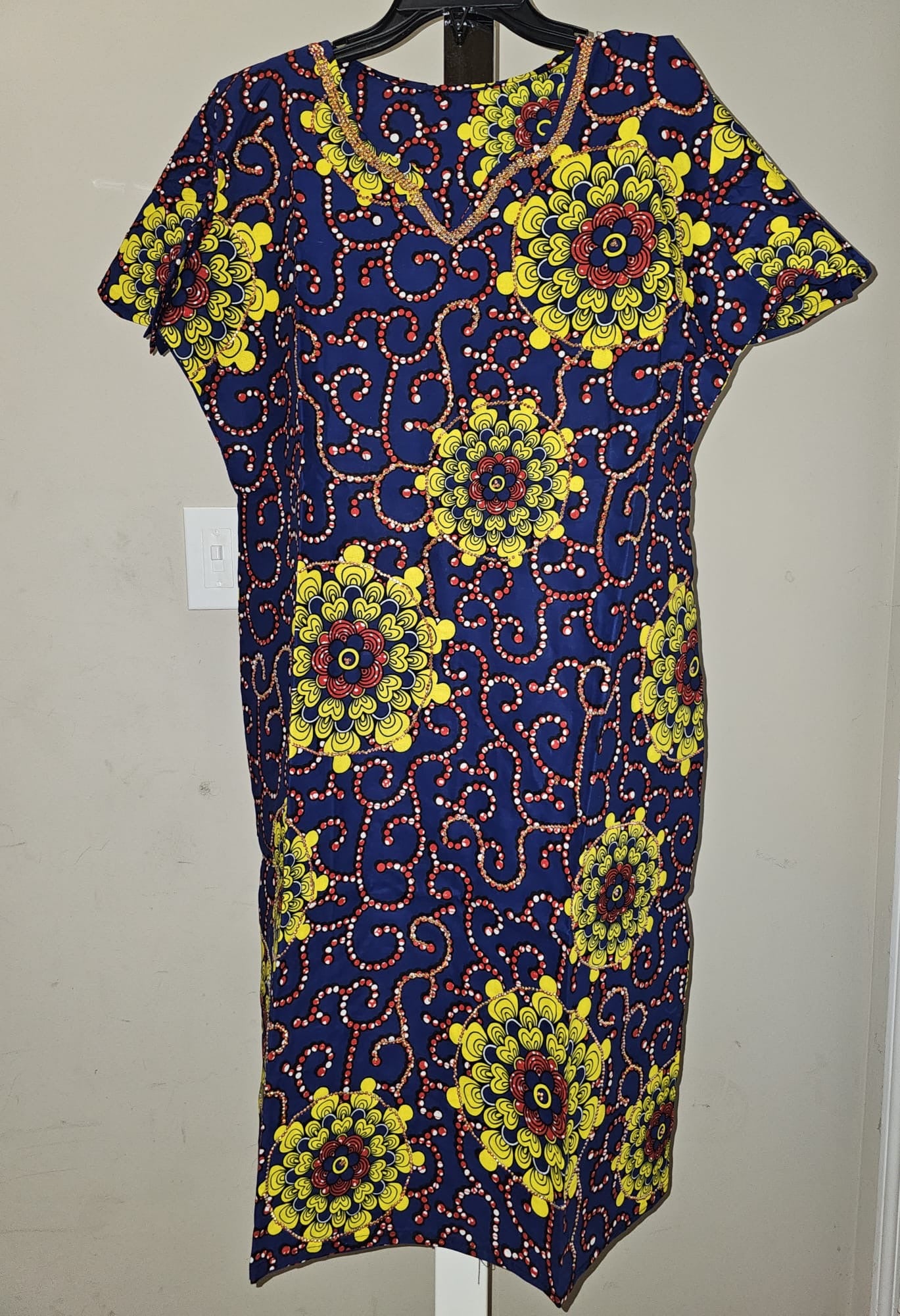 Floral Print Ankara V-Neck Rhinestone Short Dress