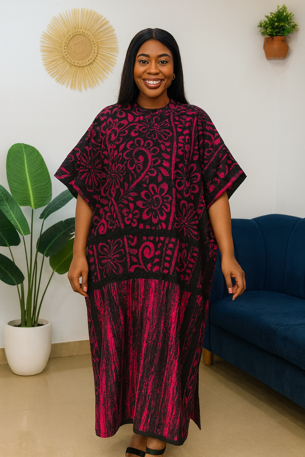 Black & Magenta Floral Boubou Kaftan – Bold, Stylish & Effortlessly Elegant