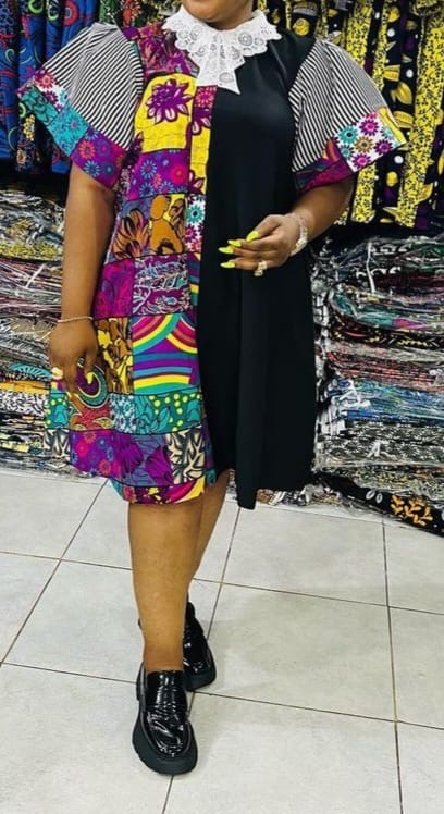 A-Shape Ankara Flare Dress With Lace Neckline