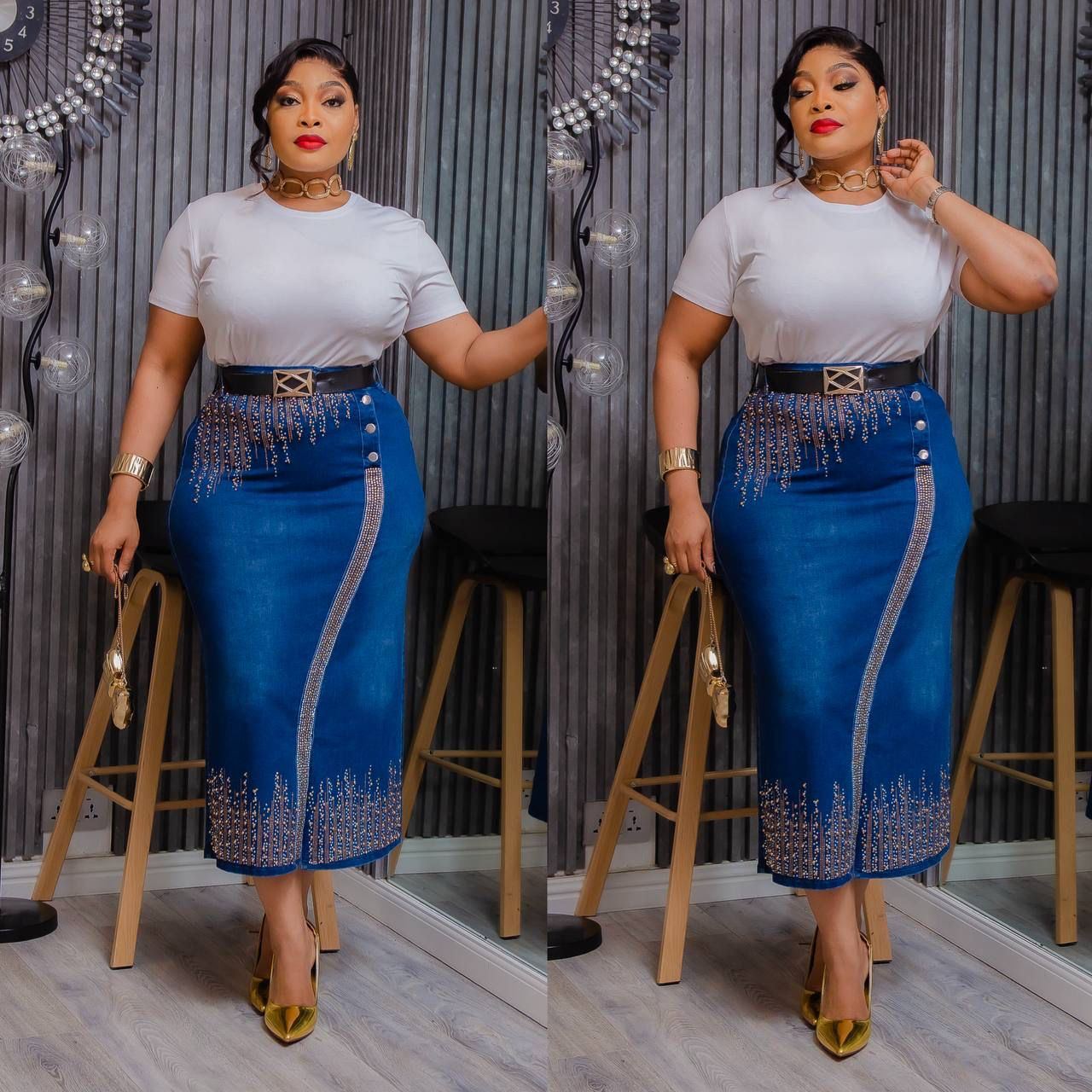 Royal Beaded Denim Skirt