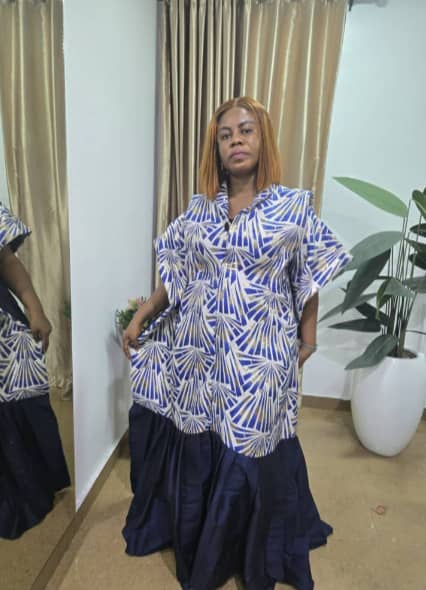 Navy Luxe Fan-Print Kaftan Gown