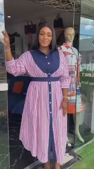 Navy & Pink Striped Shirt Dress with Belt