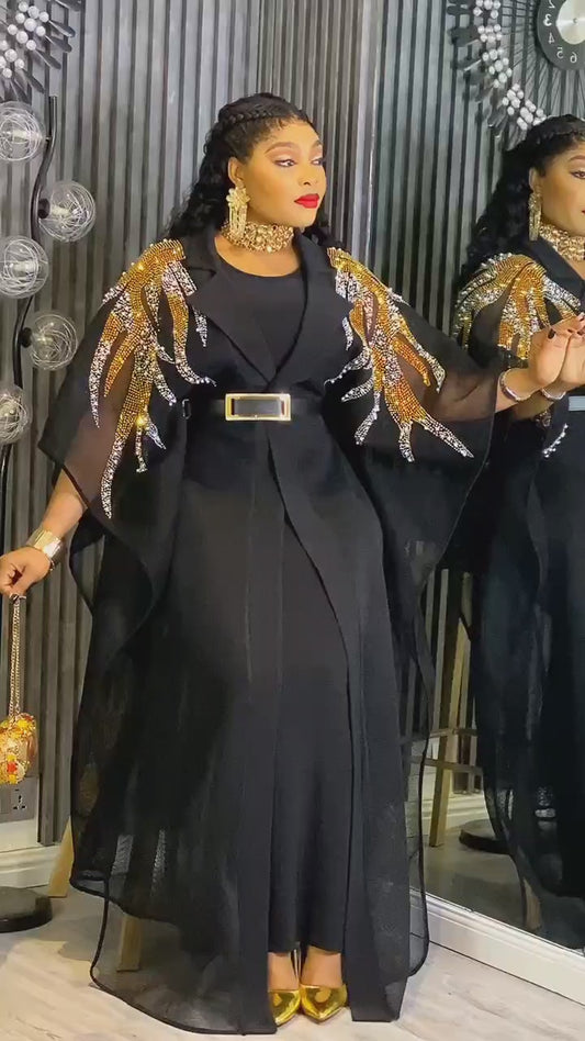 Golden Wing Embellished Black Gown