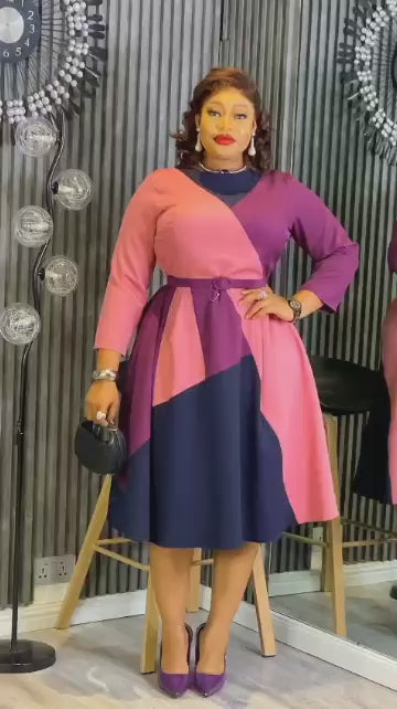 Tri-Tone Elegant Colorblock Flare Dress