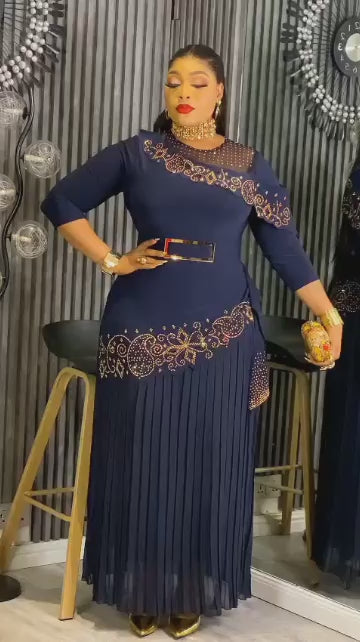 Regal Midnight Embellished Pleated Dress