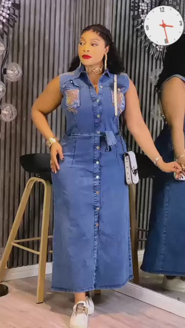 Denim Radiance Button-Front Maxi Dress