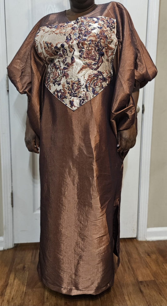 Brown Organdy Silk Plain Long Dress