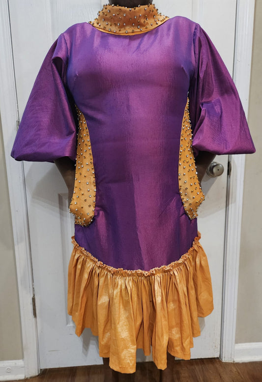 Violet/Orange Organdy Plain Silk Short Dress