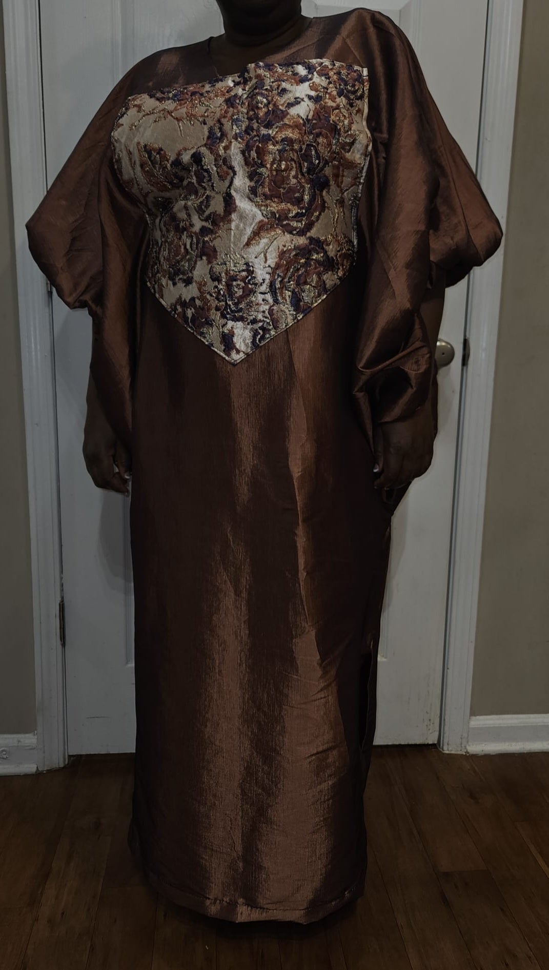 Brown Organdy Silk Plain Long Dress