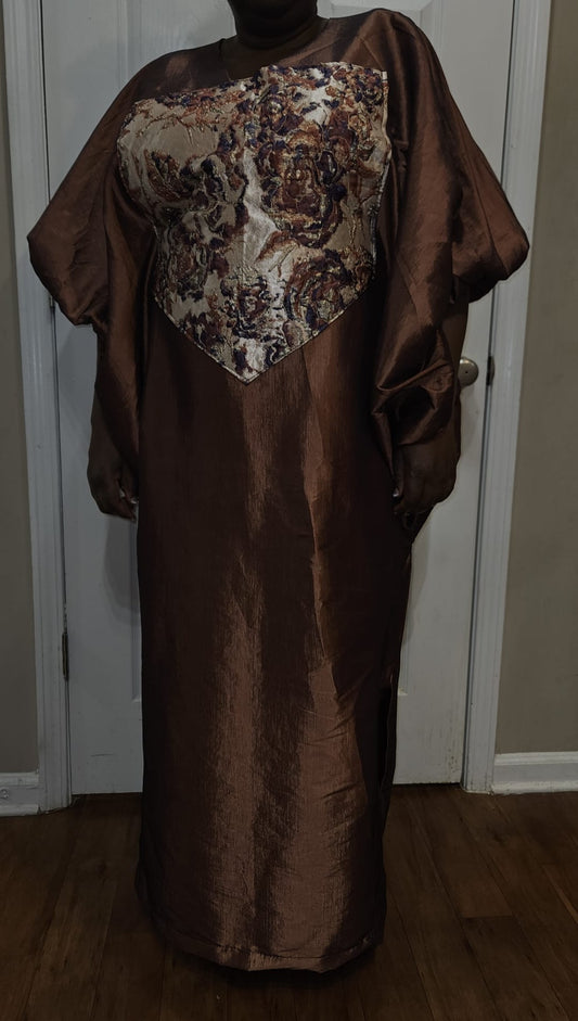 Brown Organdy Silk Plain Long Dress