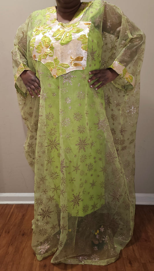 Lime Green Snowflake Brocade Long Dress with Innnerwear