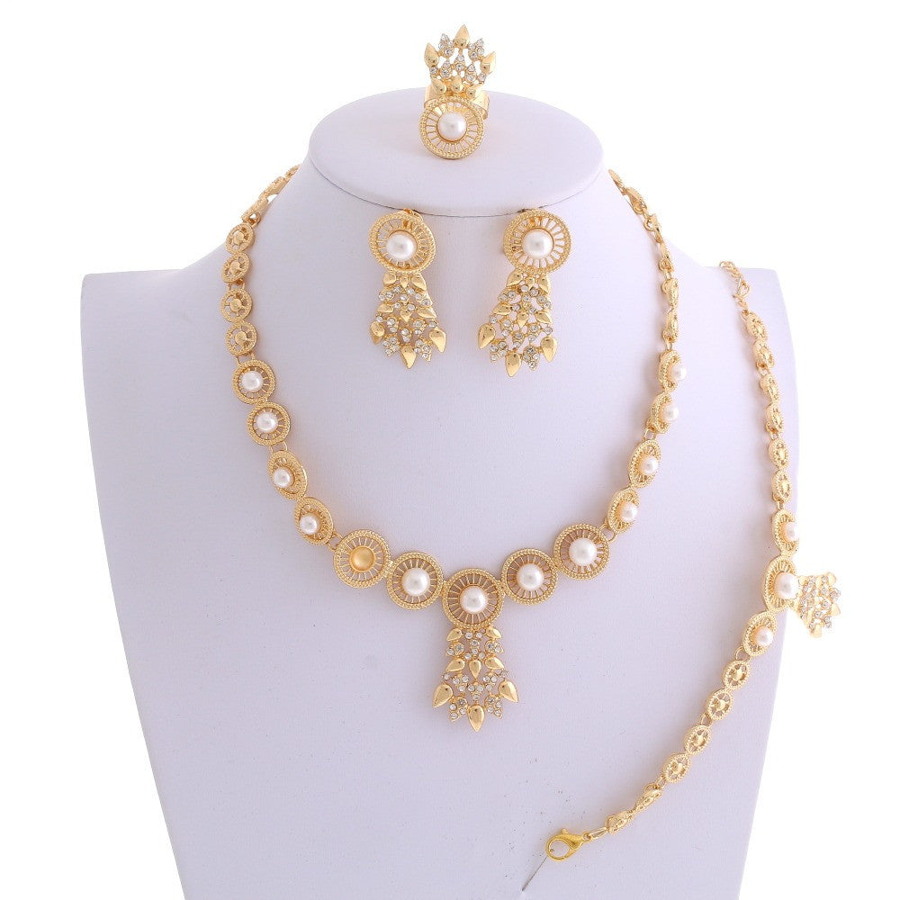 Pearl Rhinestone Necklace Bracelet Earring Ring Set