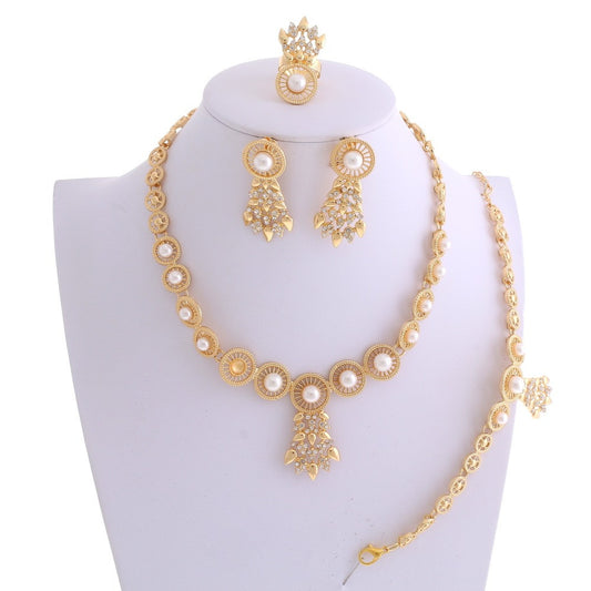 Pearl Rhinestone Necklace Bracelet Earring Ring Set