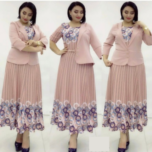 Circle Print Long Dress with Blazer and Belt